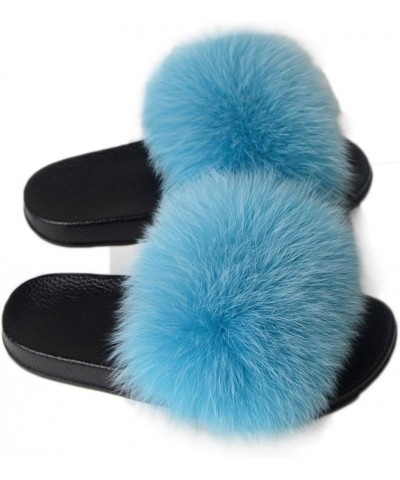 Women Real Fox Fur Slippers Outdoor Summer Slides Slip On Sandals Shoes 1905 Light Blue $17.37 Sandals