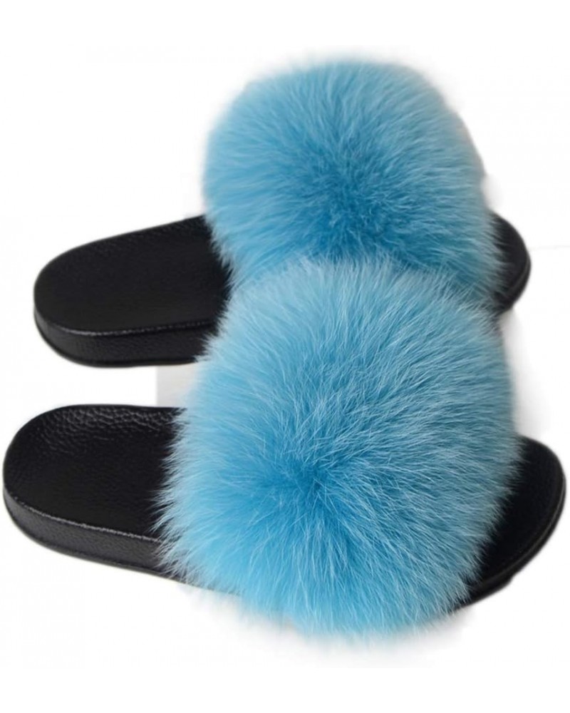 Women Real Fox Fur Slippers Outdoor Summer Slides Slip On Sandals Shoes 1905 Light Blue $17.37 Sandals