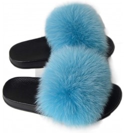 Women Real Fox Fur Slippers Outdoor Summer Slides Slip On Sandals Shoes 1905 Light Blue $17.37 Sandals