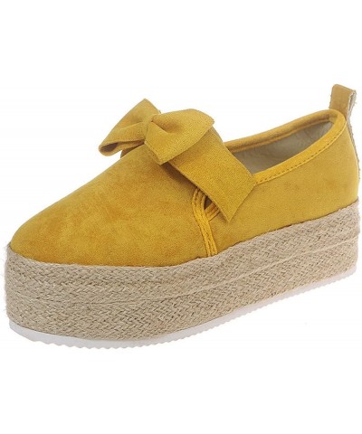 Ladies Fashion Round Toe Thick Sole Shoe Suede Bow Knot Slip On Casual Shoes T-Strap Dance Shoes Yellow $16.24 Flats