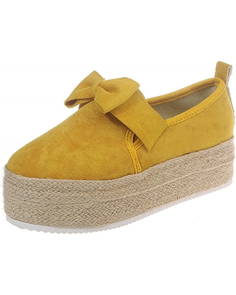 Ladies Fashion Round Toe Thick Sole Shoe Suede Bow Knot Slip On Casual Shoes T-Strap Dance Shoes Yellow $16.24 Flats