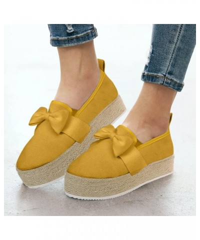 Ladies Fashion Round Toe Thick Sole Shoe Suede Bow Knot Slip On Casual Shoes T-Strap Dance Shoes Yellow $16.24 Flats