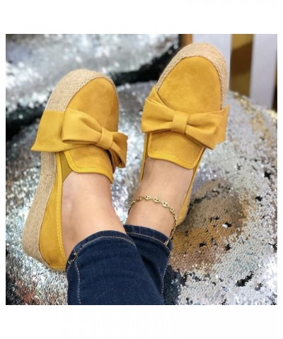 Ladies Fashion Round Toe Thick Sole Shoe Suede Bow Knot Slip On Casual Shoes T-Strap Dance Shoes Yellow $16.24 Flats