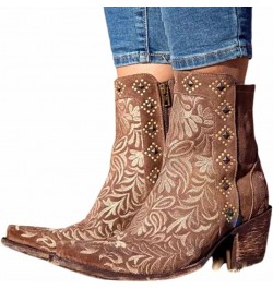 Women's Cowboy Ankle Boots, Vintage Square Toe Block Mid Heel Western Booties, Winter Warm Lining Distressed Embroidered Shor...