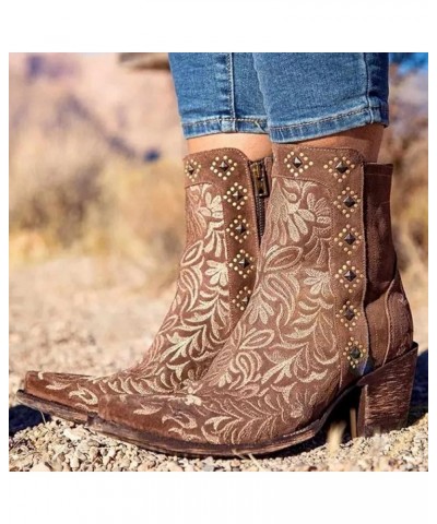 Women's Cowboy Ankle Boots, Vintage Square Toe Block Mid Heel Western Booties, Winter Warm Lining Distressed Embroidered Shor...