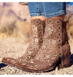 Women's Cowboy Ankle Boots, Vintage Square Toe Block Mid Heel Western Booties, Winter Warm Lining Distressed Embroidered Shor...