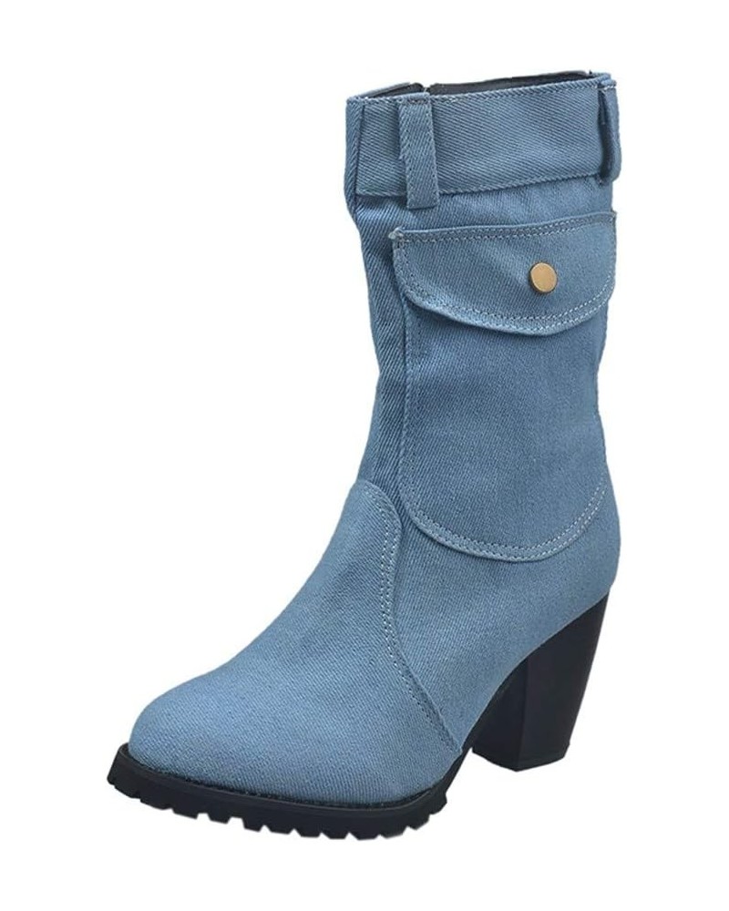 Cowboy Boots for Women Style Large Size High Heel Denim Mid- Side Zipper Stitched Ankle Boots A Light Blue $30.08 Boots