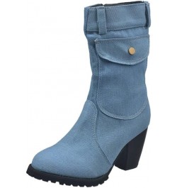 Cowboy Boots for Women Style Large Size High Heel Denim Mid- Side Zipper Stitched Ankle Boots A Light Blue $30.08 Boots