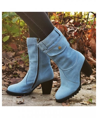 Cowboy Boots for Women Style Large Size High Heel Denim Mid- Side Zipper Stitched Ankle Boots A Light Blue $30.08 Boots