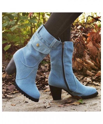 Cowboy Boots for Women Style Large Size High Heel Denim Mid- Side Zipper Stitched Ankle Boots A Light Blue $30.08 Boots