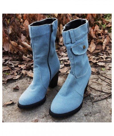 Cowboy Boots for Women Style Large Size High Heel Denim Mid- Side Zipper Stitched Ankle Boots A Light Blue $30.08 Boots