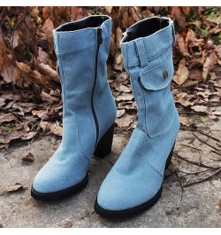 Cowboy Boots for Women Style Large Size High Heel Denim Mid- Side Zipper Stitched Ankle Boots A Light Blue $30.08 Boots