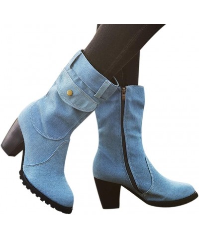 Cowboy Boots for Women Style Large Size High Heel Denim Mid- Side Zipper Stitched Ankle Boots A Light Blue $30.08 Boots