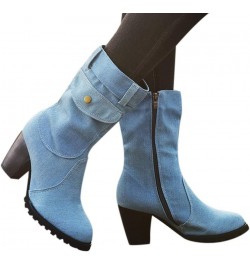 Cowboy Boots for Women Style Large Size High Heel Denim Mid- Side Zipper Stitched Ankle Boots A Light Blue $30.08 Boots