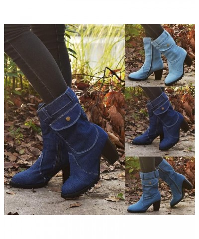 Cowboy Boots for Women Style Large Size High Heel Denim Mid- Side Zipper Stitched Ankle Boots A Light Blue $30.08 Boots