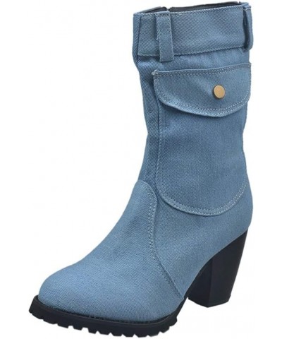 Cowboy Boots for Women Style Large Size High Heel Denim Mid- Side Zipper Stitched Ankle Boots A Light Blue $30.08 Boots