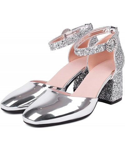 Bride Closed Toe Block Heel Wedding Sandals Sequins Silver 1 $36.70 Sandals