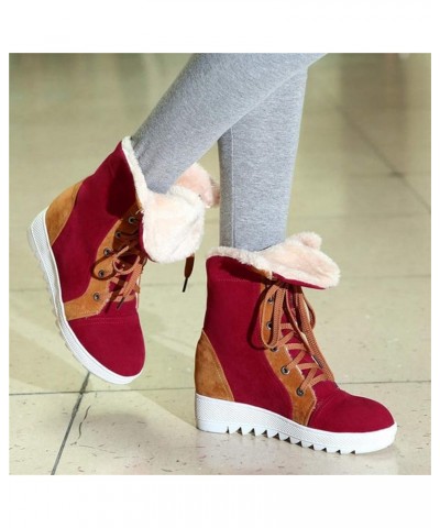 Women Wedge Snow Boots Winter Waterproof Thick Bottom Plush Warm Cold Weather Lace Up Short Boots 34 Red $30.93 Boots