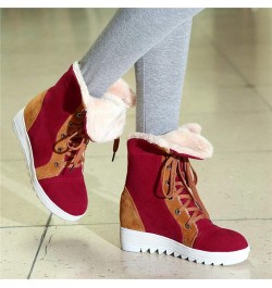 Women Wedge Snow Boots Winter Waterproof Thick Bottom Plush Warm Cold Weather Lace Up Short Boots 34 Red $30.93 Boots