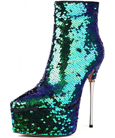 Women Extreme High Stiletto Heel Platform Sequins Short Boots Green $49.08 Boots