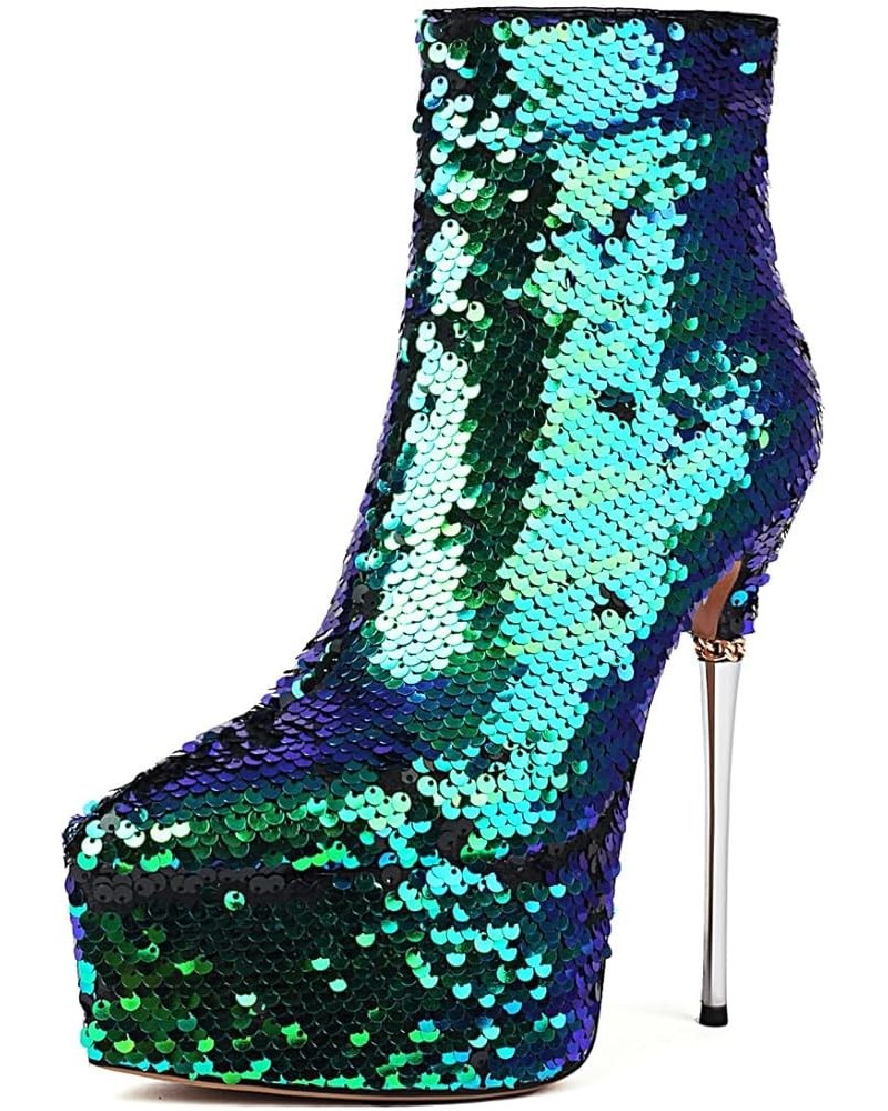 Women Extreme High Stiletto Heel Platform Sequins Short Boots Green $49.08 Boots