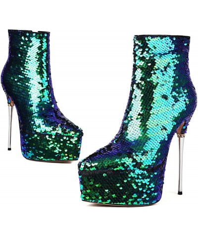 Women Extreme High Stiletto Heel Platform Sequins Short Boots Green $49.08 Boots