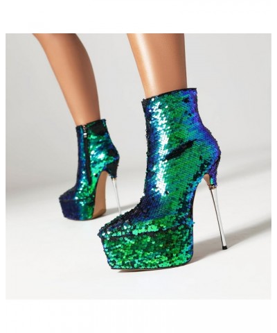 Women Extreme High Stiletto Heel Platform Sequins Short Boots Green $49.08 Boots