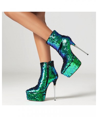 Women Extreme High Stiletto Heel Platform Sequins Short Boots Green $49.08 Boots