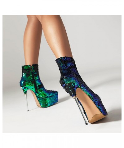 Women Extreme High Stiletto Heel Platform Sequins Short Boots Green $49.08 Boots