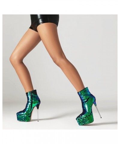 Women Extreme High Stiletto Heel Platform Sequins Short Boots Green $49.08 Boots