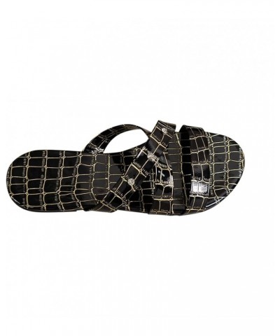 Women Sandals Summer Oversized Strap Flat Bottomed Stone Patterned Diamond Beach House Slippers with Arch Support Black $12.7...