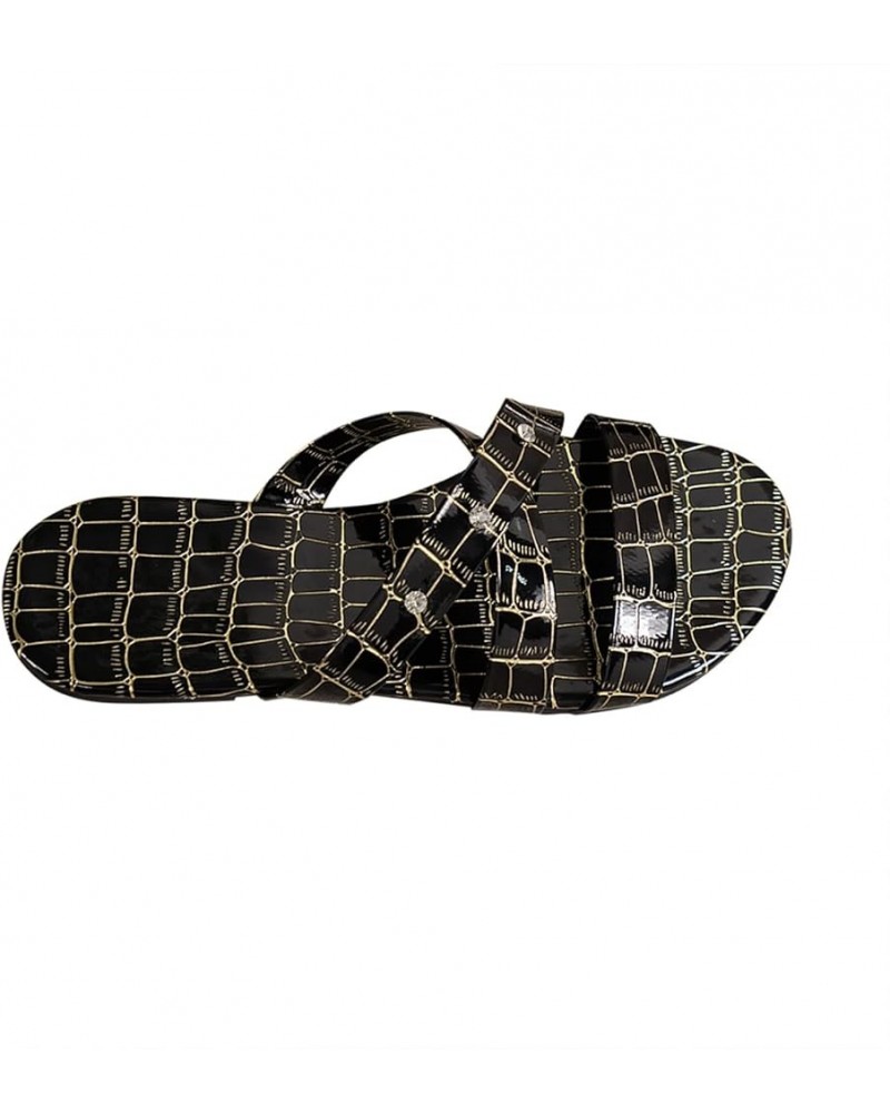 Women Sandals Summer Oversized Strap Flat Bottomed Stone Patterned Diamond Beach House Slippers with Arch Support Black $12.7...