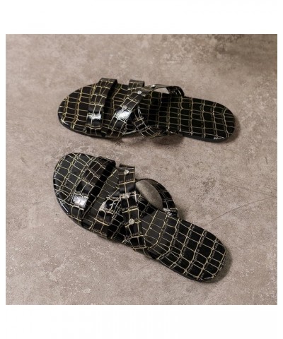 Women Sandals Summer Oversized Strap Flat Bottomed Stone Patterned Diamond Beach House Slippers with Arch Support Black $12.7...