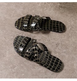 Women Sandals Summer Oversized Strap Flat Bottomed Stone Patterned Diamond Beach House Slippers with Arch Support Black $12.7...