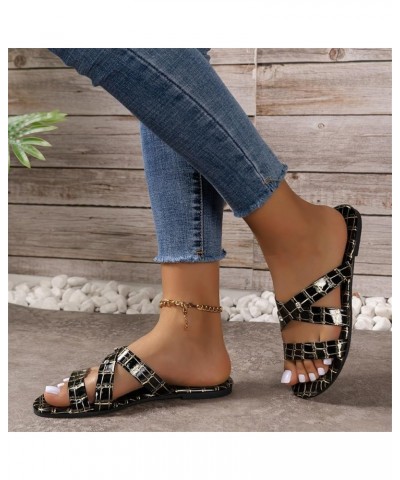 Women Sandals Summer Oversized Strap Flat Bottomed Stone Patterned Diamond Beach House Slippers with Arch Support Black $12.7...