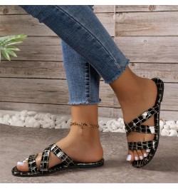 Women Sandals Summer Oversized Strap Flat Bottomed Stone Patterned Diamond Beach House Slippers with Arch Support Black $12.7...