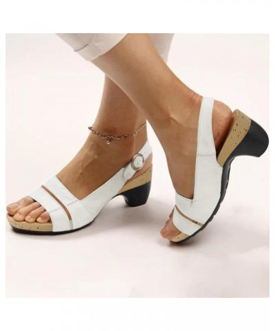 Strappy Sandals for Women Heel, Women's Fish Mouth Toe Strappy Sandals Wedge Heels Sandals Fashion Chunky Heel Shoes Z1-white...