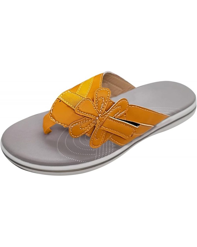 Flower Decor Thong Sandals for Women Breathable Round Toe Slip on Flip Flops Fashion Casual Non Slip Arch Support 7.5 Yellow ...