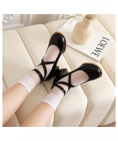 YUE Women Lolita Shoes Pearl Cute Girls Shoes Round Toe Cross Strap Loafers White Black Pink Size 5-11 Black $26.32 Loafers &...