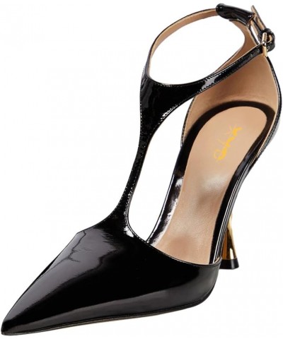 Women Chic Pointed Closed Toe Pumps Metallic High Heel Slender T-Strap with Buckle Dress Party Casual Shoes Black $45.40 Pumps