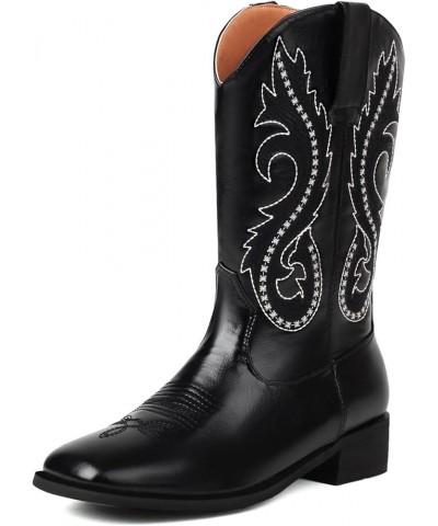 Women Classic Square Toe Mid Calf Cowboy Boots Embroidered Black 4 $36.86 Boots