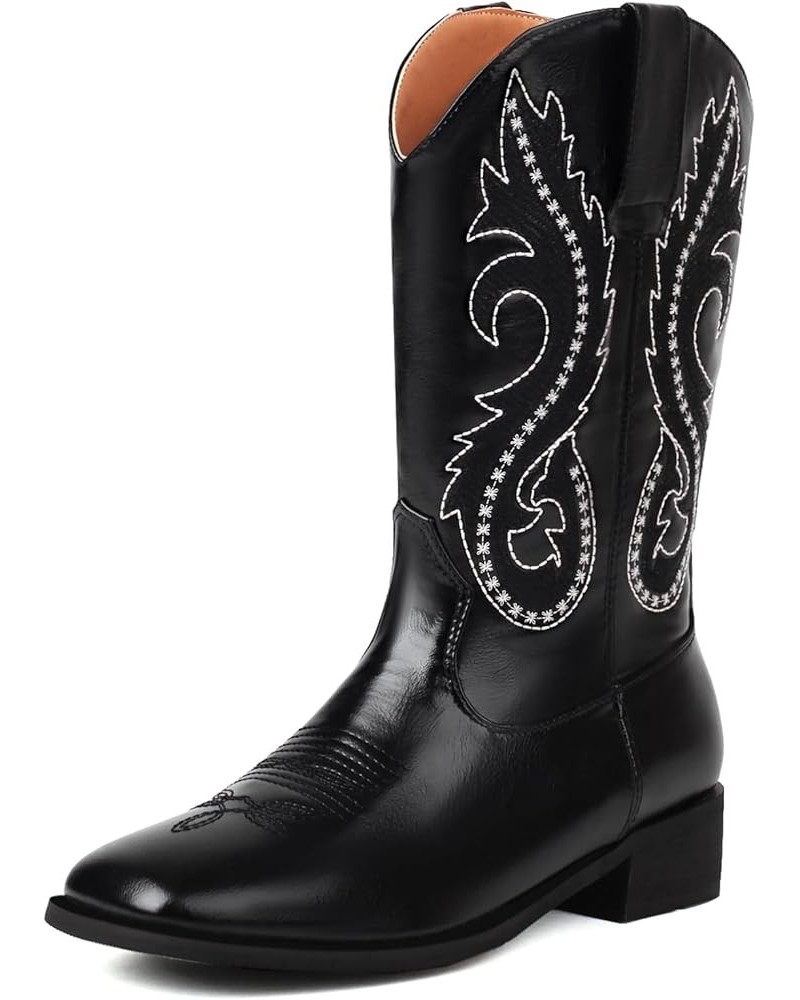 Women Classic Square Toe Mid Calf Cowboy Boots Embroidered Black 4 $36.86 Boots