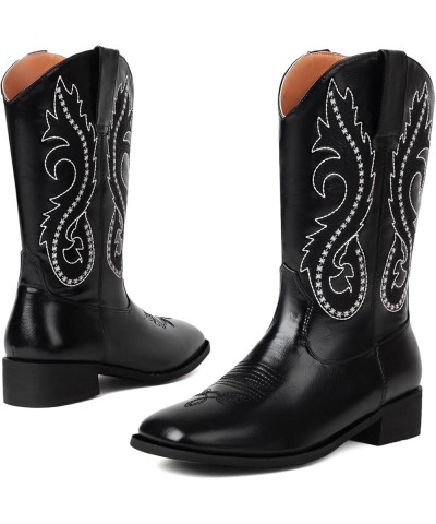 Women Classic Square Toe Mid Calf Cowboy Boots Embroidered Black 4 $36.86 Boots