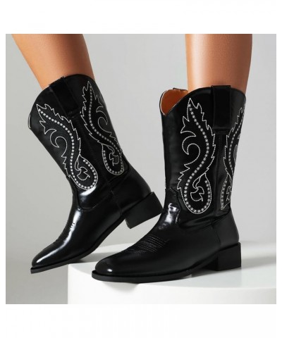 Women Classic Square Toe Mid Calf Cowboy Boots Embroidered Black 4 $36.86 Boots