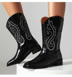 Women Classic Square Toe Mid Calf Cowboy Boots Embroidered Black 4 $36.86 Boots