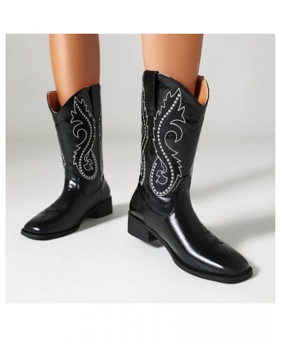 Women Classic Square Toe Mid Calf Cowboy Boots Embroidered Black 4 $36.86 Boots