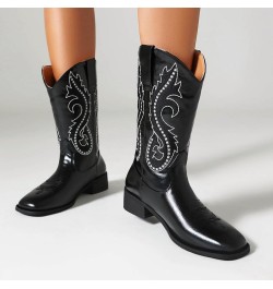 Women Classic Square Toe Mid Calf Cowboy Boots Embroidered Black 4 $36.86 Boots