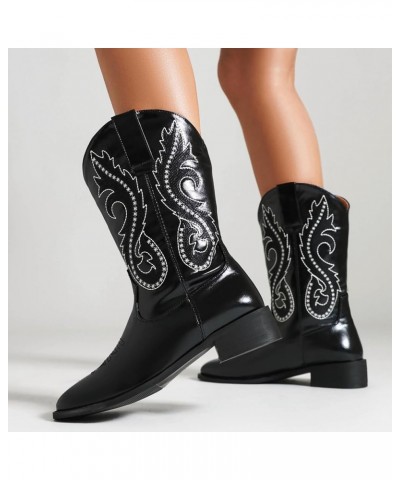 Women Classic Square Toe Mid Calf Cowboy Boots Embroidered Black 4 $36.86 Boots