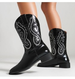 Women Classic Square Toe Mid Calf Cowboy Boots Embroidered Black 4 $36.86 Boots