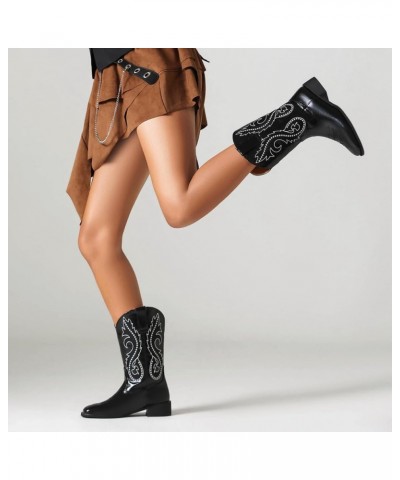 Women Classic Square Toe Mid Calf Cowboy Boots Embroidered Black 4 $36.86 Boots